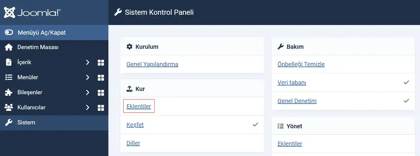 Joomla 5 eklenti kurulumu