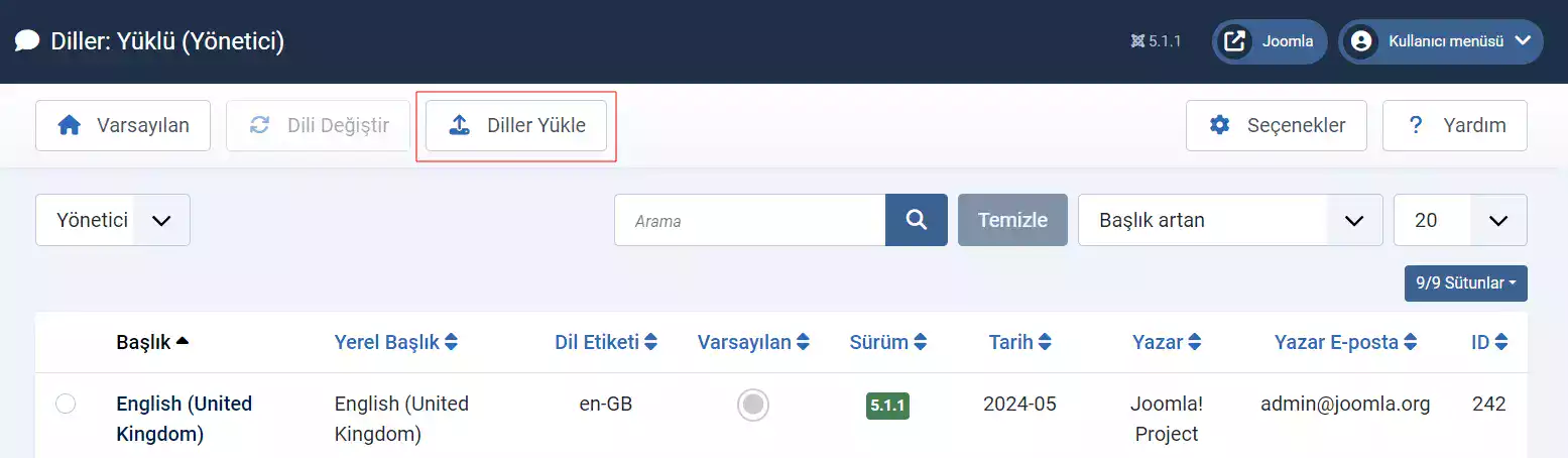 Joomla 5 dil yükleme